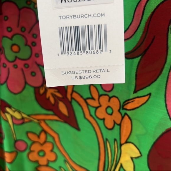Tory Burch Belted Printed Silk Blend Scarf Long Dress size SX Green. Maxi. NEW - Picture 13 of 15